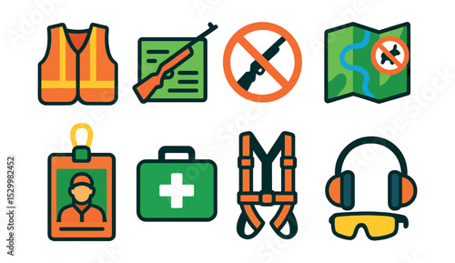 Flat vector icons of hunting safety and awareness: blaze orange vest, firearm safety rules, don’t shoot sign, map with no-hunt zone, hunter identification badge, first aid kit, tree stand harness,