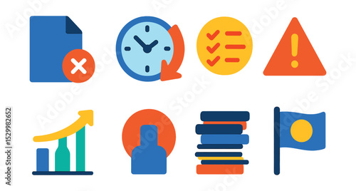 Flat vector icons of workflow bottlenecks and delays: blocked file icon, deadline slipping clock, overloaded task badge, delay warning triangle, process bottleneck chart, stalled stage marker, work