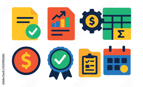 Flat vector icons of finance and reporting workflow: budget approval file, monthly report chart, invoice processing icon, spreadsheet with totals, financial tracking badge, expense approval stamp,