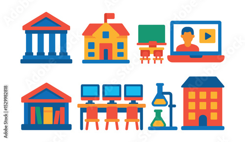 Flat vector icons of educational infrastructure: university building icon, primary school symbol, classroom interior, online learning station, library icon, computer lab setup, science lab station,