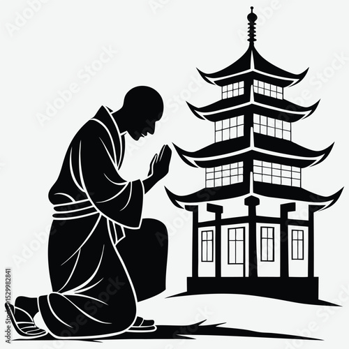 A praying monk in front of a temple  silhouette design vector art and illustration