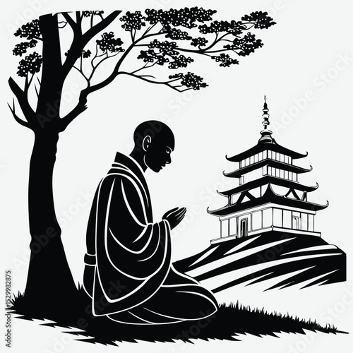 A praying monk in front of a temple  silhouette design vector art and illustration