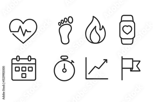 Health Tracking Icons. Line style icons for health tracking: heart rate, step counter, calorie burn, fitness tracker, calendar,