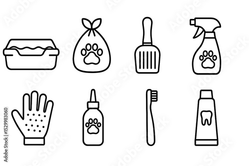 Pet Hygiene Icons. Line style icons for pet hygiene: litter box, waste bag, scooper, disinfectant spray, grooming gloves, ear