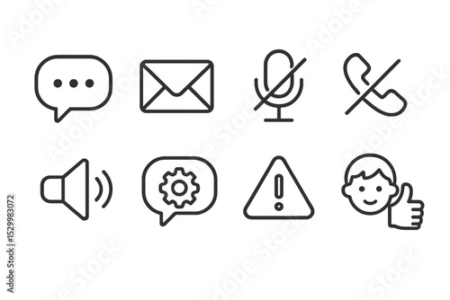 Communication Control Icons. Line style icons for communication control: chat bubble, message block, microphone mute, call block,