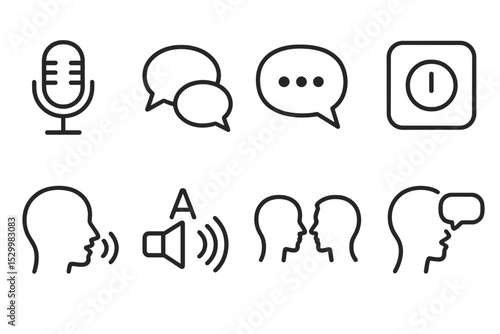 Speaking Skills Icons. Line style icons for speaking skills: microphone, conversation bubbles, speech bubble with dots, recording,