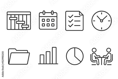 Project Management Icons. Line style icons for project management: gantt chart, calendar, checklist, clock, file folder, bar chart