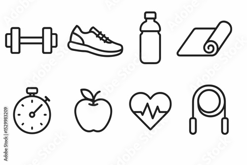 Fitness Icon Collection. Line style icons for simple fitness: dumbbell, running shoe, water bottle, yoga mat, stopwatch, apple,