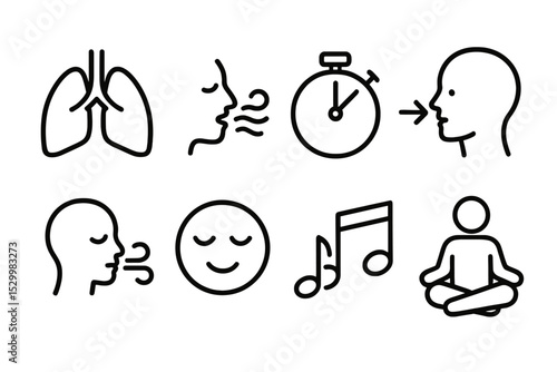 Breathing Exercise Icons. Line style icons for breathing exercises: lungs, breath waves, timer, inhale, exhale, calm face, music