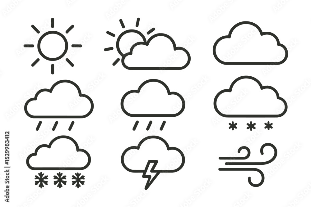 Weather Line Icons. Line style icons of weather conditions: sunny, partly cloudy, cloudy, rainy, snowy, stormy, foggy, windy. No Weather Line Icons. Line style icons of weather conditions: sunny, partly cloudy, cloudy, rainy, snowy, stormy, foggy, windy. No