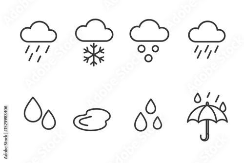 Precipitation Line Icons. Line style icons of precipitation types: rain drops, snowflakes, hailstones, drizzle, sleet, water