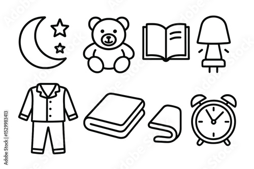 Bedtime Routine Icons. Line style icons for bedtime routine: moon, stars, teddy bear, book, night light, pajamas, blanket, clock.