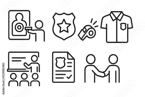 Police Training Icons. Line style icons of police training: target practice, badge, whistle, uniform, classroom, report, fitness,