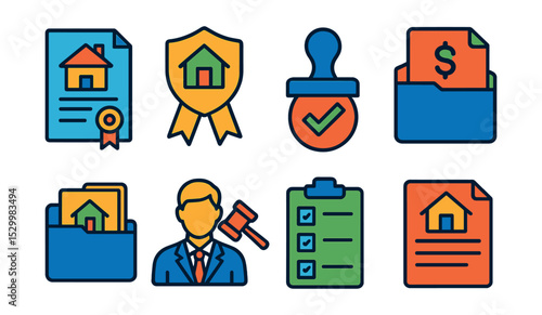 Flat vector icons of real estate legal and compliance: property title document, real estate license badge, zoning compliance stamp, property tax file, HOA agreement folder, legal advisor icon, due