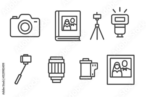 Wedding Photography Icons. Line style icons of wedding photography: camera, photo album, tripod, flash, selfie stick, lens, film
