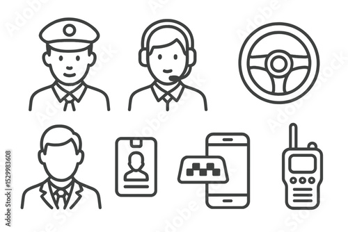 Taxi Driver Icons. Line style icons of taxi drivers: driver with cap, headset, steering wheel, uniform, ID badge, taxi badge,
