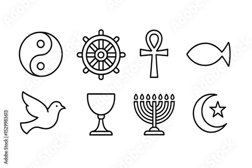 Religious Symbols Icons. Line style icons of religious symbols: yin-yang, dharma wheel, ankh, fish, dove, chalice, menorah,