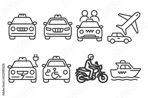 Taxi Line Icons. Line style icons of taxi types: standard taxi, luxury taxi, shared taxi, airport taxi, electric taxi, wheelchair