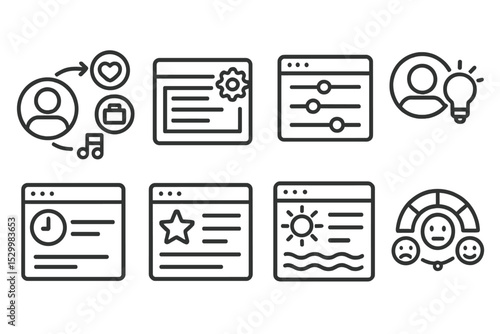 Personalization Icons. Line style icons of personalization: user interest selection, feed customization icon, recommendation