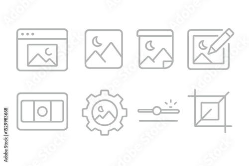 Dark Mode Photo Icons. Line style icons of dark theme: photo viewer night mode, gallery moon version, camera roll dark, image