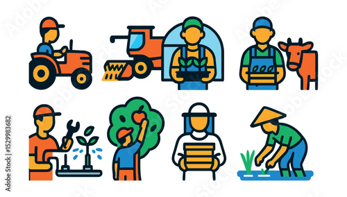 Flat vector icons of agricultural work: tractor driver, field crop harvester, greenhouse worker with seedlings, livestock caretaker, irrigation technician, orchard picker, beekeeper with hive, rice
