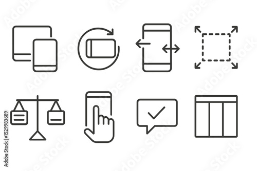 Responsive Design Icons. Line style icons of responsive design: orientation switch icon, rotate UI element, app frame adjuster,