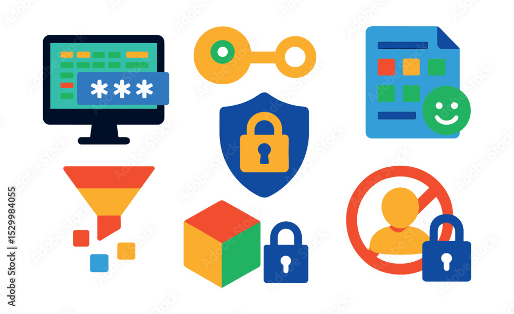 Flat vector icons of data anonymization and minimization: data masking screen, tokenization key icon, anonymized dataset file, data minimization filter, privacy transformation badge, synthetic data Flat vector icons of data anonymization and minimization: data masking screen, tokenization key icon, anonymized dataset file, data minimization filter, privacy transformation badge, synthetic data