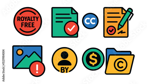Flat vector icons of content licensing and usage: royalty-free stamp, content rights document, creative commons badge, licensing agreement file, image usage terms, attribution requirement icon,