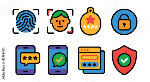 Flat vector icons of multi-factor authentication: fingerprint ID scan, face recognition icon, one-time password badge, authenticator app symbol, SMS code verification, push approval on phone, secure