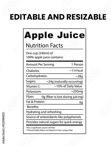 Editable and Resizable Apple Juice Nutrition Facts Label Template