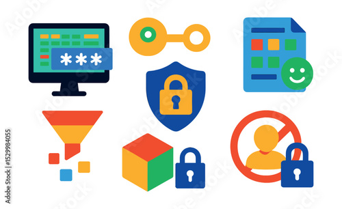 Flat vector icons of data anonymization and minimization: data masking screen, tokenization key icon, anonymized dataset file, data minimization filter, privacy transformation badge, synthetic data