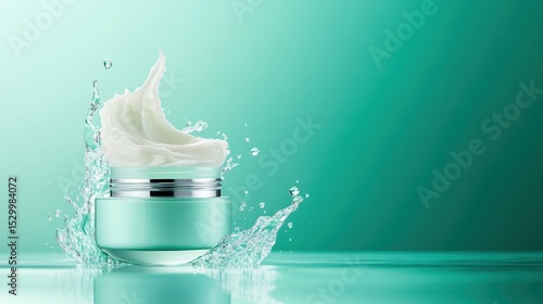 An elegant jar of luxurious skin cream bursts with a splash of cream against a refreshing mint-green backdrop, symbolizing beauty and rejuvenation in skincare.