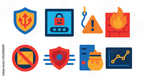 Flat vector icons of cyber attack prevention: DDoS shield icon, brute force lockout screen, phishing detection alert, firewall protection wall, spam blocker badge, intrusion detection system (IDS),