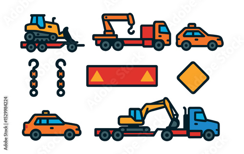 Flat vector icons of construction vehicles in transport: lowbed trailer carrying dozer, flatbed truck with crane, heavy equipment convoy, pilot escort vehicle, load securement chains, transport
