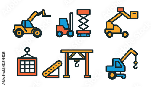 Flat vector icons of lifting and material handling machines: telescopic handler, forklift truck icon, scissor lift platform, boom lift vehicle, construction hoist cage, material conveyor belt, site