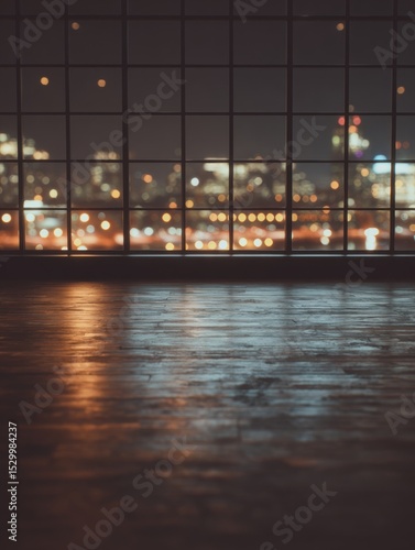 Wooden floor with a view of city lights at night.