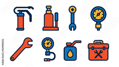 Flat vector icons of mechanical hand tools for machines: grease gun icon, hydraulic jack pump, torque wrench symbol, calibration gauge dial, spanner for track adjustment, pressure tester kit, oil
