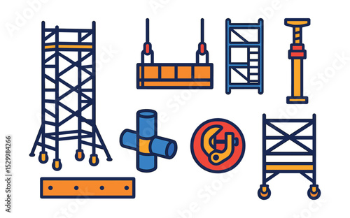 Flat vector icons of tower and scaffolding systems: mobile scaffolding tower, suspended scaffold icon, scaffolding platform board, scaffolding ladder frame, heavy-duty shoring post, modular scaffold