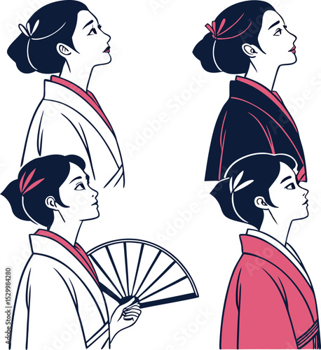Graphic Line Art of Young Asian Women in Traditional Kimono and Cheongsam  Serene Cultural Portraits on White