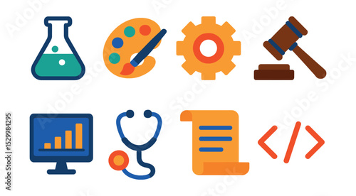 Flat vector icons of academic fields and faculties: science flask symbol, arts palette icon, engineering gear badge, law gavel, business chart screen, medical stethoscope, humanities scroll, IT code