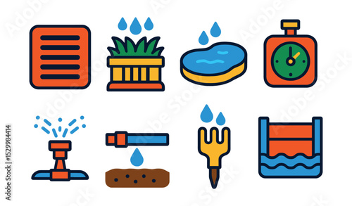 Flat vector icons of stormwater and irrigation systems: storm drain cover, rain garden inlet, retention pond symbol, irrigation timer icon, sprinkler head diagram, drip irrigation pipe, soil moisture