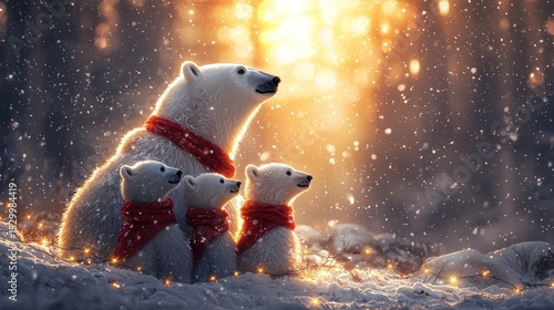 A polar bear family, adorned with red scarves, sits amidst a snowy winter scene, bathed in warm, golden light.  Fairy lights illuminate the ground