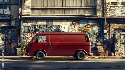 A red van parked on a street in front of a building covered with graffiti and posters on a sunny day