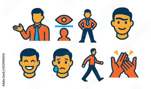 Flat vector icons of speaker expression and body language: open hand gesture, eye contact line, powerful stance icon, expressive eyebrow arch, smiling speaker face, nervous sweat drop, confident walk