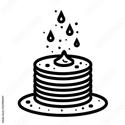 Stack of pancakes with syrup dripping in hand-drawn monochrome style