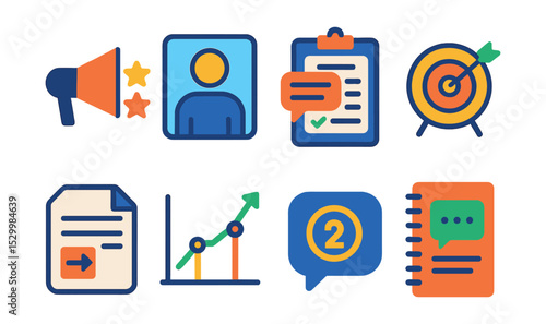 Flat vector icons of feedback and improvement loop: speaker rating star chart, self-reflection mirror icon, constructive criticism board, improvement target icon, revision suggestion file, progress