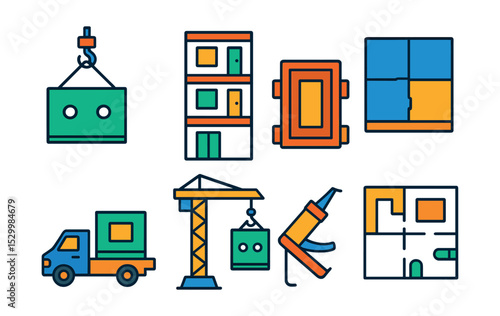 Flat vector icons of precast and modular construction: precast wall panel lift, prefab module stack, factory casting mold, modular floor section, delivery flatbed truck, site crane placement, joint