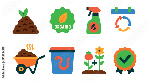 Flat vector icons of organic farming practices: compost pile icon, organic label badge, natural pest control spray, crop rotation calendar, manure cart, worm bin symbol, companion planting guide, eco