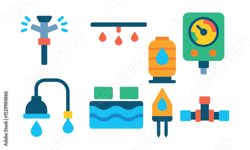 Flat vector icons of irrigation and water systems: sprinkler head icon, drip irrigation line, water pump hose, irrigation timer controller, rainwater tank, field water channel, moisture level sensor,