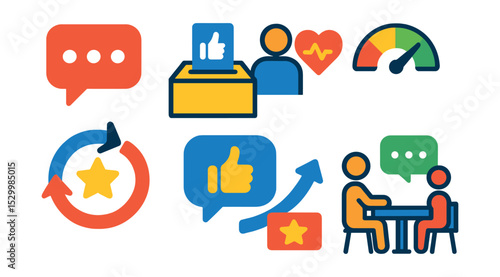 Flat vector icons of employee feedback and recognition loop: feedback speech bubble, suggestion box with thumbs up, employee pulse check icon, feedback response meter, praise and improvement loop,